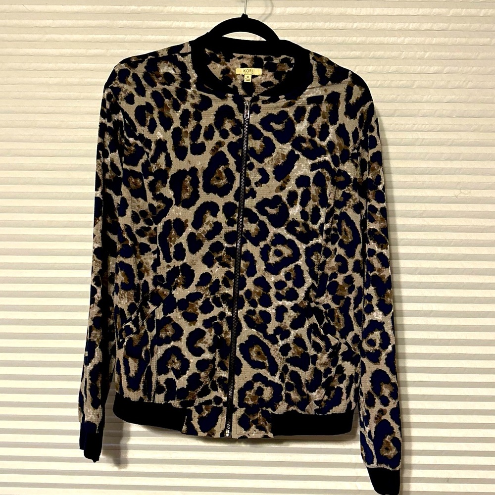 EUc Navy and Gray Animal Print Crepe Bomber Jacket Medium
